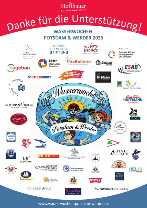 Sponsorenplakat: Danke für die Unterstützung — Wasserwochen Potsdam & Werder 2026 mit den Logos aller Sponsoren