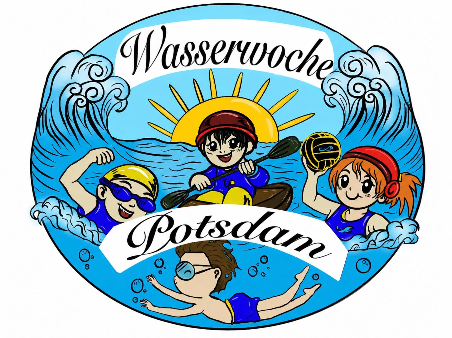 Logo der Wasserwochen Werder — Kinder beim Schwimmen, Paddeln und Wasserball